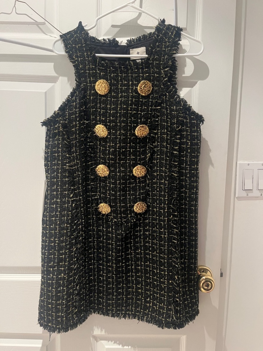 Black Tweed Sleeveless Shift Dress with Gold Buttons